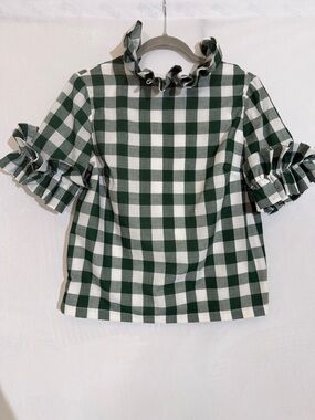 Elizabeth Wilson Ruffle Top Size S Green And White Gingham EUC